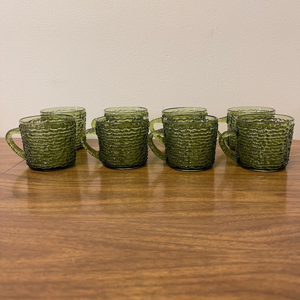 8 Vintage Anchor Hocking Soreno Avocado Green Coffee Tea Cups Mugs Glass 6 oz